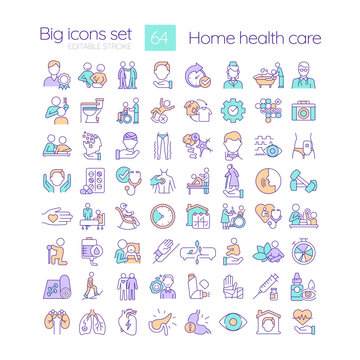 Home health care RGB color icons set. Medical services. Nursing and assistance for ill patients. Isolated vector illustrations. Simple filled line drawings collection. Editable stroke