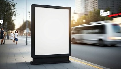 An empty white poster on a busy city street, as a mock up for an advertising billboard. AI Generation