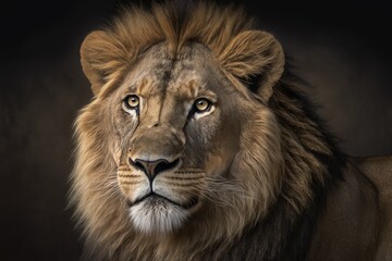 Fototapeta na wymiar Portrait of a young lion taken up close; panthera leo. Generative AI