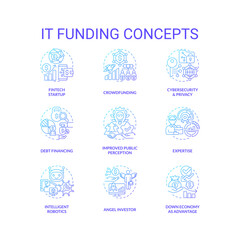 IT funding blue gradient concept icons set. Financial resources for digital industry idea thin line color illustrations. Isolated symbols. Roboto-Medium, Myriad Pro-Bold fonts used