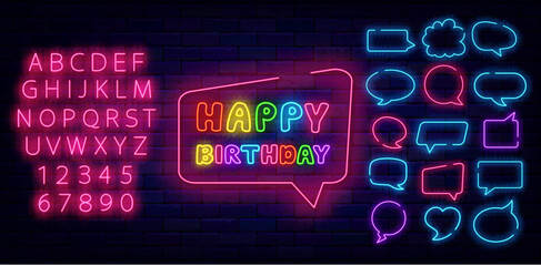 Happy Birthday neon label. Holiday celebration. Glowing pink alphabet. Vector stock illustration