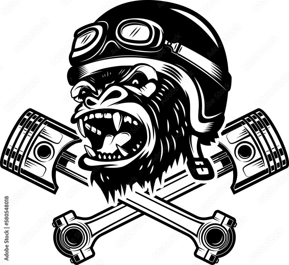 Wall mural illustration of the gorilla biker with crossed pistons. design element for logo, label, sign, emblem