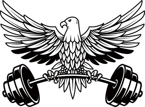 Eagle holding a barbell. Gym mascot. Design element for logo, label, sign, emblem. Vector illustration