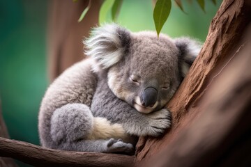 Cute Baby Koala Bear sleeping in Eucalyptus Tree in Queensland, Australia. Adorable Sleepy Koala. Generative AI