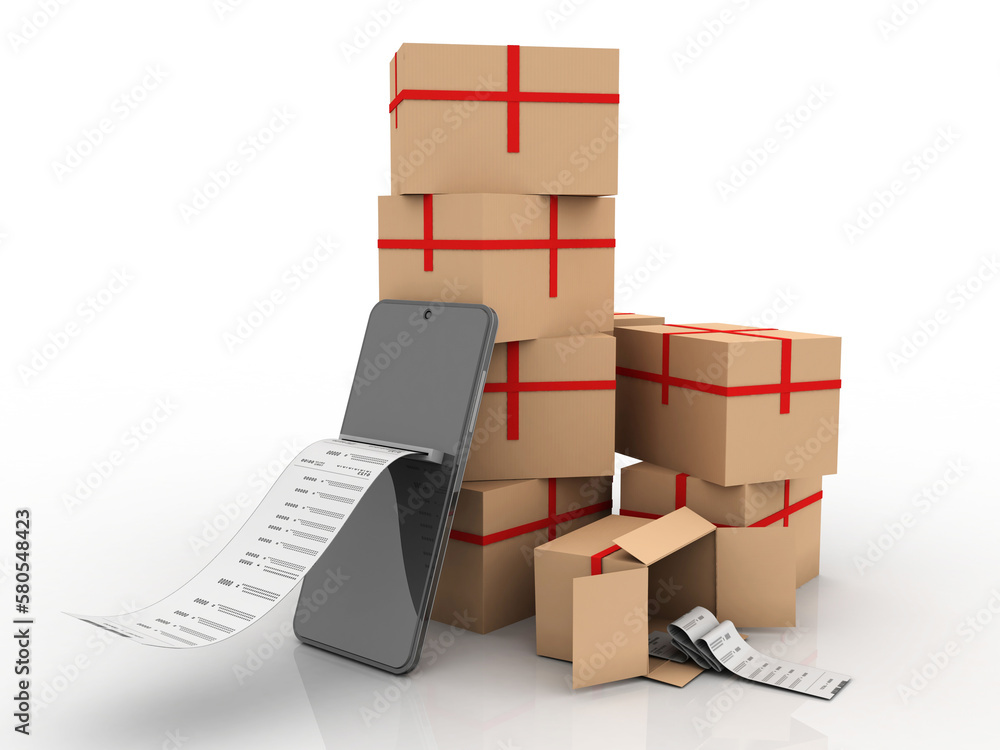 Poster 3d rendering cardboard boxes in mobile