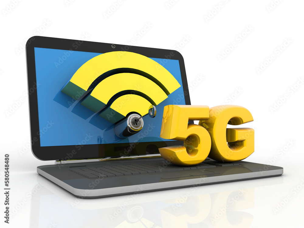 Poster 3d rendering 5g network 5g connection with laptop