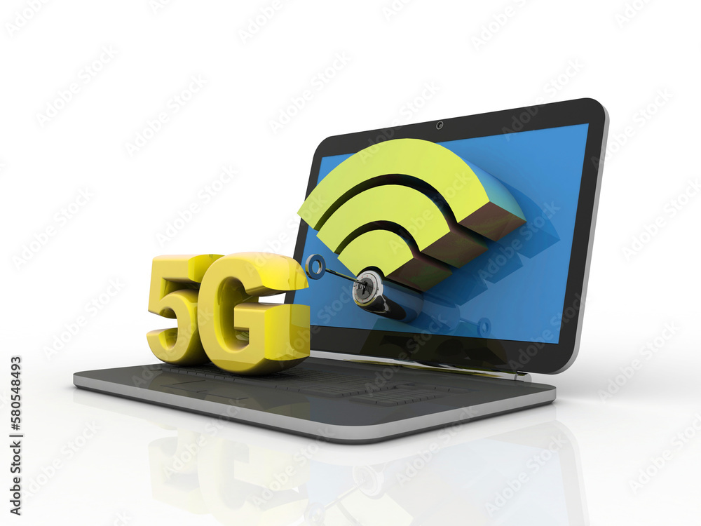 Poster 3d rendering 5g network 5g connection with laptop