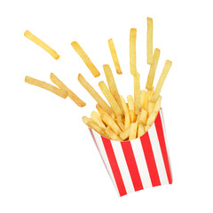 Perfect french fries potato pieces flying around in red white striped box. Creative food concept idea