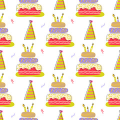 Birthday cakes hand drawn seamless pattern. Hand drawn background for a party. Cake vector pattern