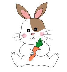 Rabbit with a carrot in its paws. Illustration vector bunny animal for icons, stickers, postcards.