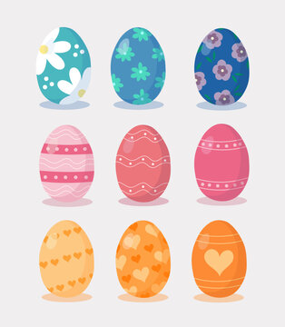Set of Easter eggs different colors and textures. Happy easter spring holiday. Easter eggs vector illustration with flowers, hearts and stripes.