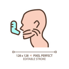Asthma pixel perfect RGB color icon. Patient take medication via inhaler. Chronic breathing problems. Medical support. Thin line illustration. Contour symbol. Vector outline drawing. Editable stroke