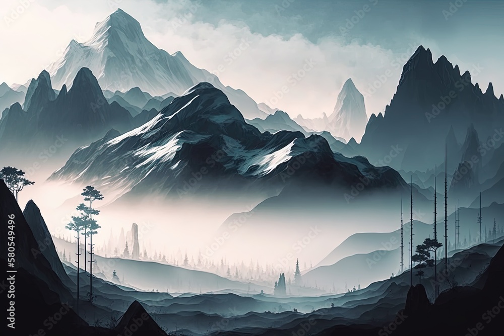 Poster clouds enveloping mountains in the distance. generative ai