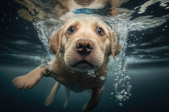 Funny picture of a golden labrador retriever puppy swimming underwater in a pool Jump and dive deep down for fun. Family pets can take part in activities and training classes. Popular dog breeds durin