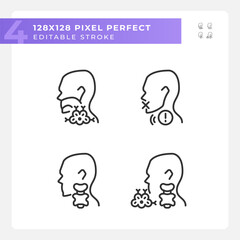 Problem with throat cure pixel perfect linear icons set. Healthcare for patients. Gullet diagnostics. Customizable thin line symbols. Isolated vector outline illustrations. Editable stroke