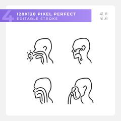 Throat treatment pixel perfect linear icons set. Infections spreading prevention. Patients with diseases. Customizable thin line symbols. Isolated vector outline illustrations. Editable stroke