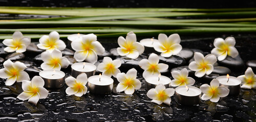 Spa still life with frangipani flowers, candle, long, leaves and zen stone - 580549695