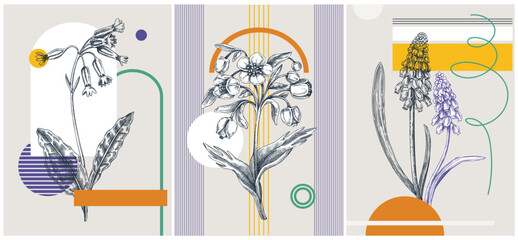 Collage-style spring flower vector illustration. Hand-sketched floral banner set. Trendy design with botanical elements and geometric shapes. Elegant wildflowers for sketch print, poster, and card