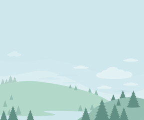 Spring scene illustration. Green hill landscape with trees and mountains. Flat design.