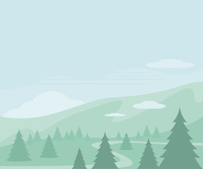 Spring scene illustration. Green landscape with trees and mountains. Flat design.