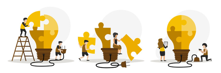 Brainstorming and teamwork concept. People work together like team. Characters make light bulb puzzle using ladder and scheme. Vector illustration in flat style