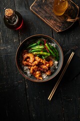 Portion of asian rice dish with chicken and green beans