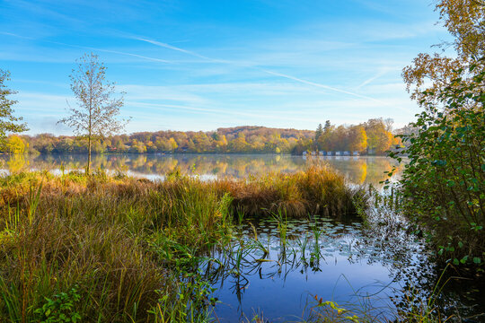 Wesslinger See in Wessling in the district of Starnberg in Bavaria. Autumn landscape by the lake. Idyllic nature.
