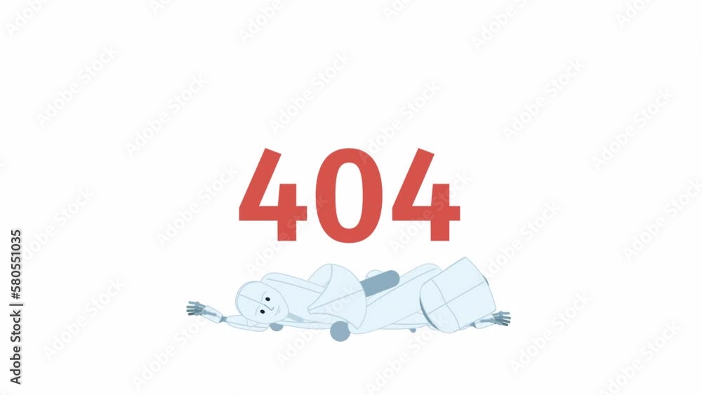 Poster animated robot failure 404 error. shattered in pieces. empty state 4k video footage with alpha chann
