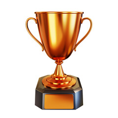 Bronze trophy cup or champion cup with empty plate for your text. Prize third place in the competition. 3D render. PNG with transparent background and alpha channel to cut out