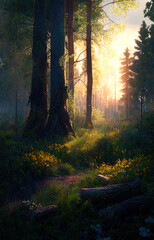 Obraz premium spring forest clearing at golden hour. ai generative