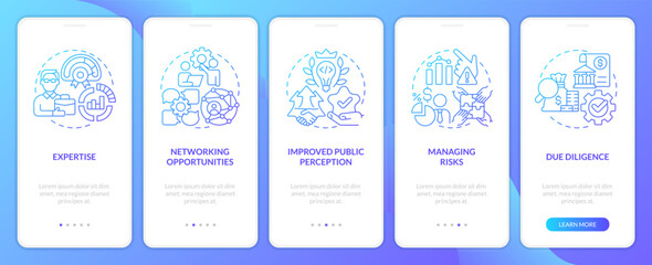 Venture capital financing benefits blue gradient onboarding mobile app screen. Walkthrough 5 steps graphic instructions with linear concepts. UI, UX, GUI template. Myriad Pro-Bold, Regular fonts used