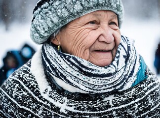 Senior inuit elderly woman at winter - obrazy, fototapety, plakaty