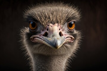 Ostrich Is Angry Portrait up close, Ostrich head up close (Struthio camelus). Generative AI
