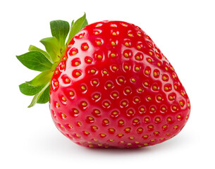 Strawberry isolated. Whole strawberry with leaf on white background. Perfect retouched berry with clipping path. Full depth of field.