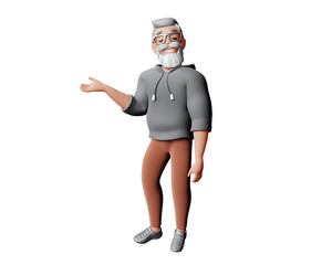 3d illustration of happy business man with gray hair, beard and glasses isolated on white color background. 3d render design of man character stand and show hand