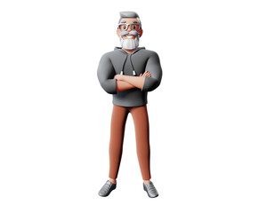 3d illustration of happy business man with gray hair, beard and glasses isolated on white color background. 3d render design of man character stand cross arm over chest
