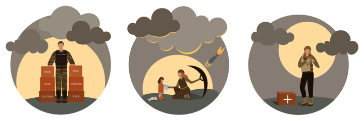 Volunteering during war concept. People in military uniform volunteer and save lives. Characters help by goods and food. Female soldier saves little girl from bomb. Nurse in military uniform. Vector