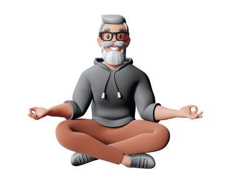 3d illustration of happy business man with gray hair, beard and glasses isolated on white color background. 3d render design of man character sit in yoga pose