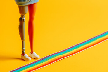 disabled woman with foot prosthetic stands next to LGBT rainbow strip