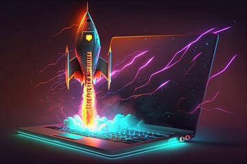 Illustration of rocket taking off from laptop, background with lightning and neon lights. Generative AI