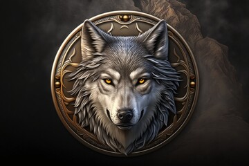 Wolf emblem with golden adornments. Generative AI