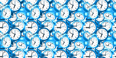 3d pattern of blue color retro alarm clock with arrow on color background