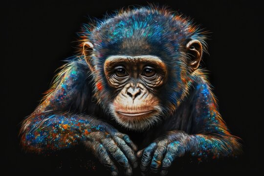 Original oil painting. Monkey that had been painted. On a black background, there are bright colors. The monkey has its head held up. Generative AI