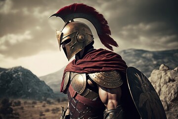 Landscape with spartan warrior in armor, battlefield in background. Generative AI - obrazy, fototapety, plakaty
