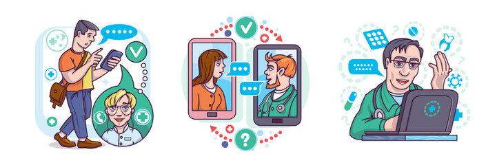 Set of cartoon characters getting online medical support. Doctor providing modern healthcare services via Internet. Video call meeting with therapist. Vector