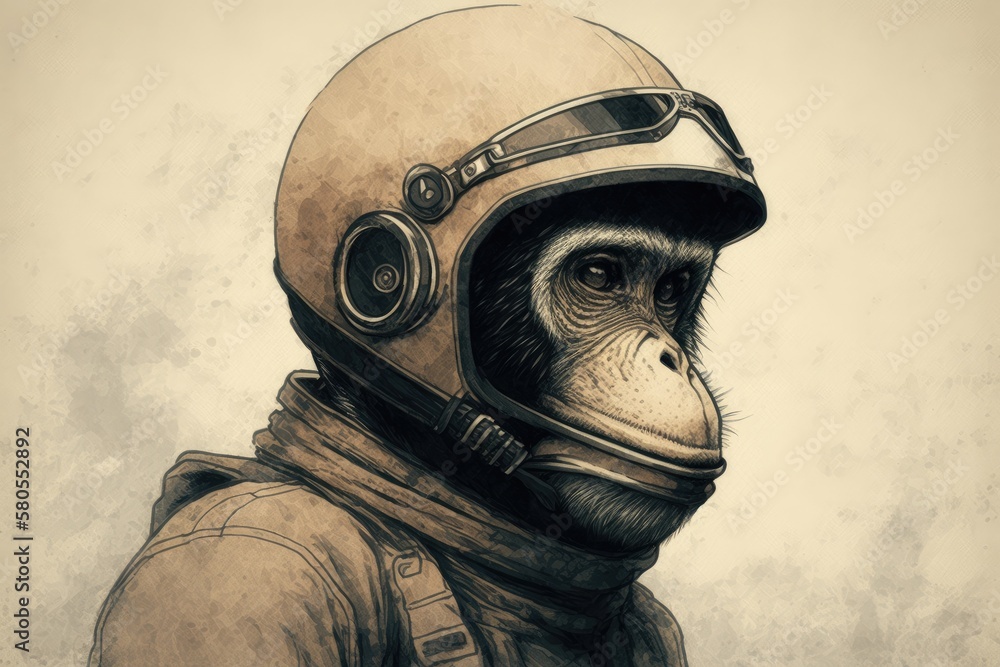 Poster monkey with a helmet in a portrait. picture that was drawn by hand. generative ai