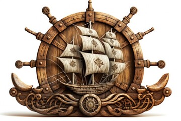 Pirate wooden ship illustration, white background. Generative AI - obrazy, fototapety, plakaty