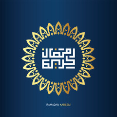 Ramadan Kareem Arabic Calligraphy with golden color on blue background. Islamic Month of Ramadan in Arabic logo greeting design