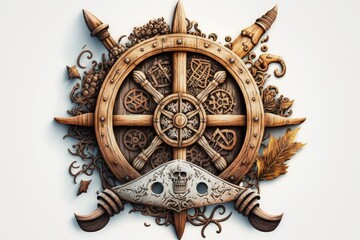 Pirate ship wooden helm illustration, skull, white background. Generative AI - obrazy, fototapety, plakaty