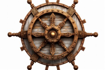 Pirate ship wooden helm illustration, white background. Generative AI - obrazy, fototapety, plakaty